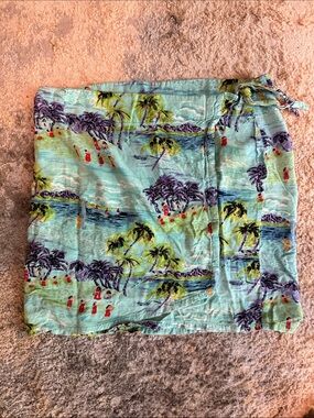 Y2K Tropical Print Wrap Skirt - Light Aqua with Green & Purple Palms